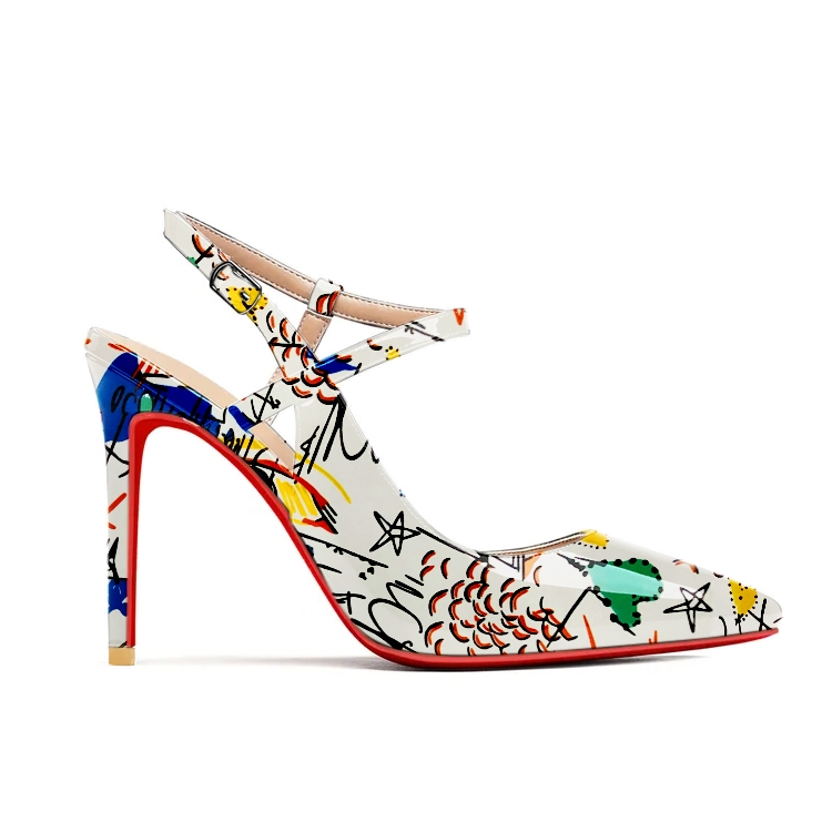 Women's Pointed Toe Fashion Graffiti Print Design Red Bottom Pump Heels-vocosishoes