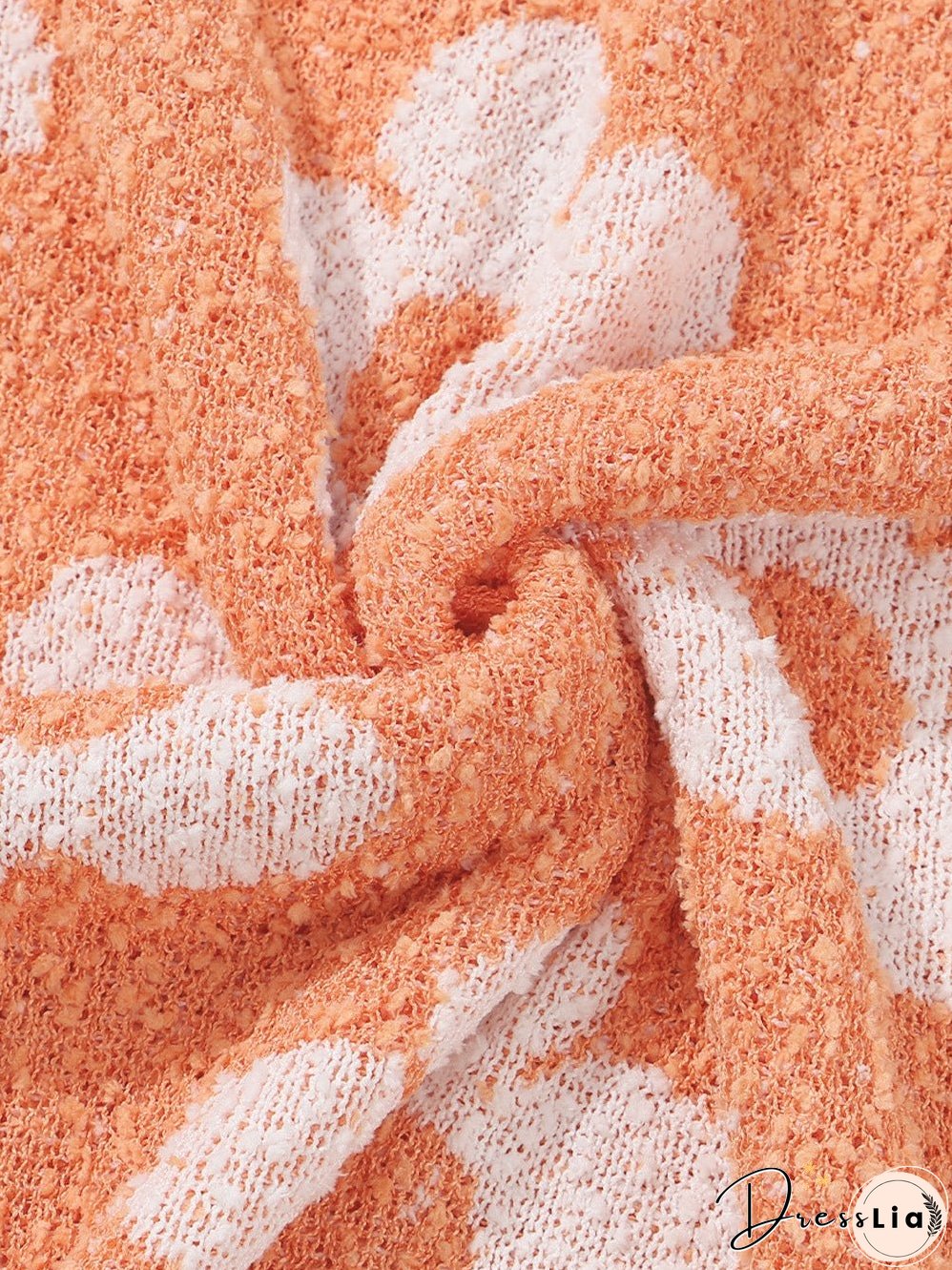 Grapefruit Orange Floral Knit Drop Shoulder Sweater with Fuzzy Texture