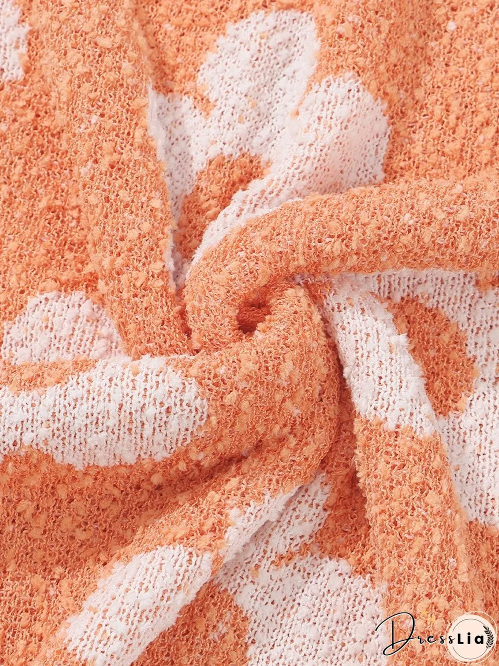 Grapefruit Orange Floral Knit Drop Shoulder Sweater with Fuzzy Texture