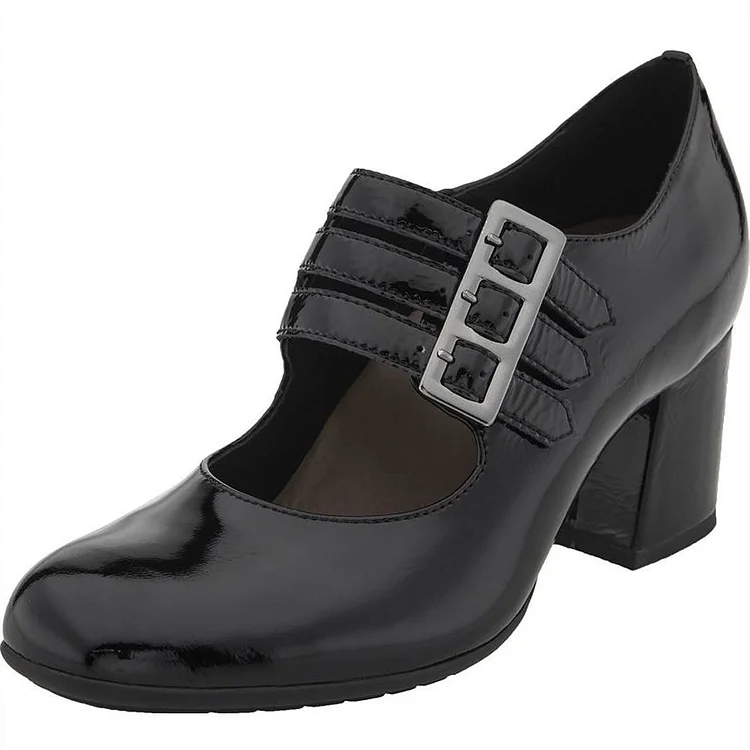 Black Buckles Patent Leather Block Heels Round Toe Mary Jane Pumps |FSJ Shoes