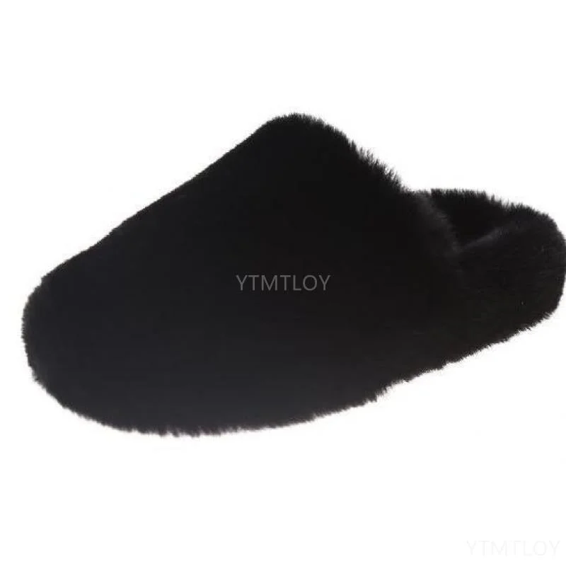 Winter Women House Zapatillas Mujer Casa Furry Slippers Fashion Faux Fur Warm Shoes Slip on Flats Female Slides Black Plush