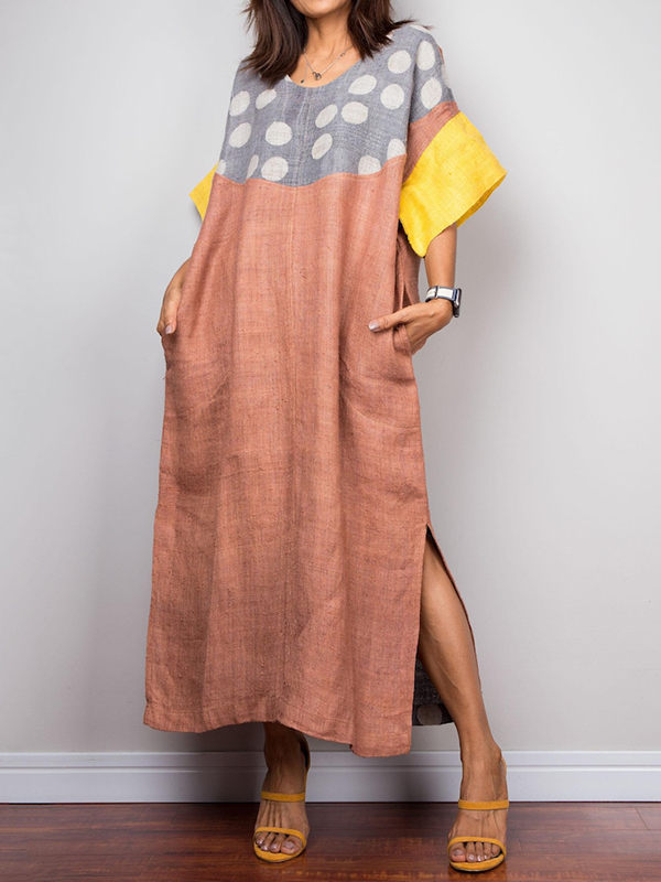 Loose Short Sleeve Patchwork Leg Split Midi Dress