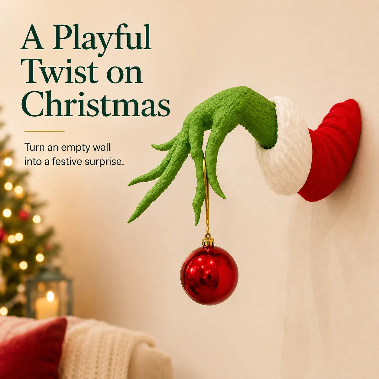Green monster hand holding a red Christmas bauble ornament