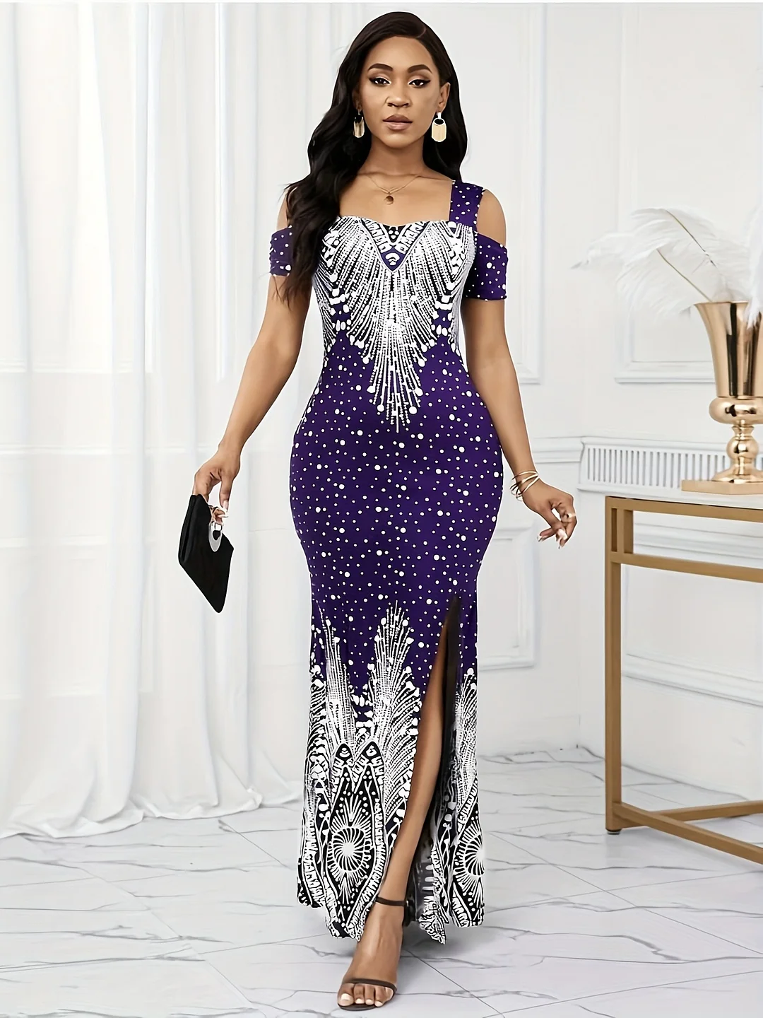 Women's Elegant Paisley Print Square Neck Off-Shoulder Evening Dress - Short Sleeve Bodycon Mermaid With Side Slit & Waist Accent, Machine Washable Summer Formal Party Wear, Evening Event Attire, Stretchy Fabric Gown, Comfortable Fit Dress | IFYHOME
