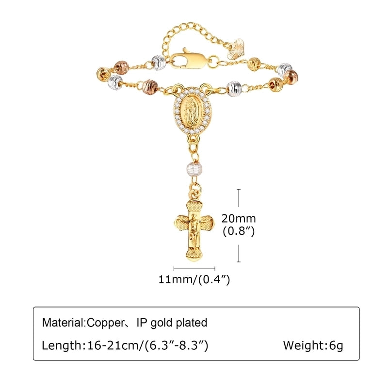 Vintage Style Religion Cross Virgin Mary Copper Zircon 18K Gold Plated Inlay Bracelets