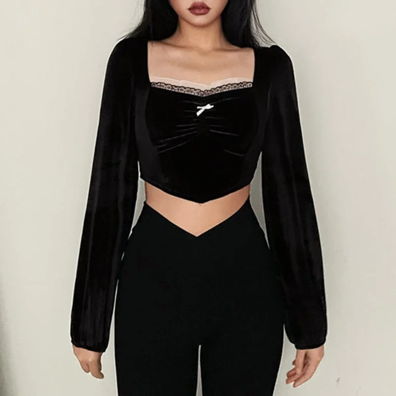 Abebey Fashion Black Velvet Square Neck Frill Folds Female T-Shirt Lace Trim Bow Crop Tops Bodycon Autumn Retro Shirt Party