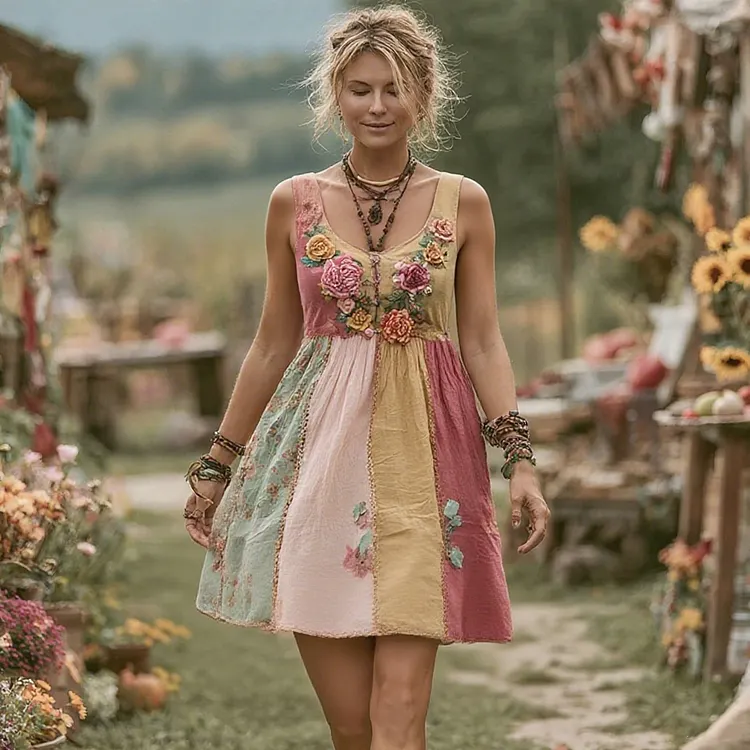 Women's Vintage Bohemian Floral Panel Sleeveless Dress