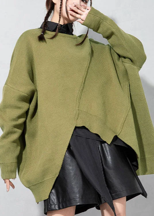 Green O-Neck Patchwork Knit Sweaters Spring