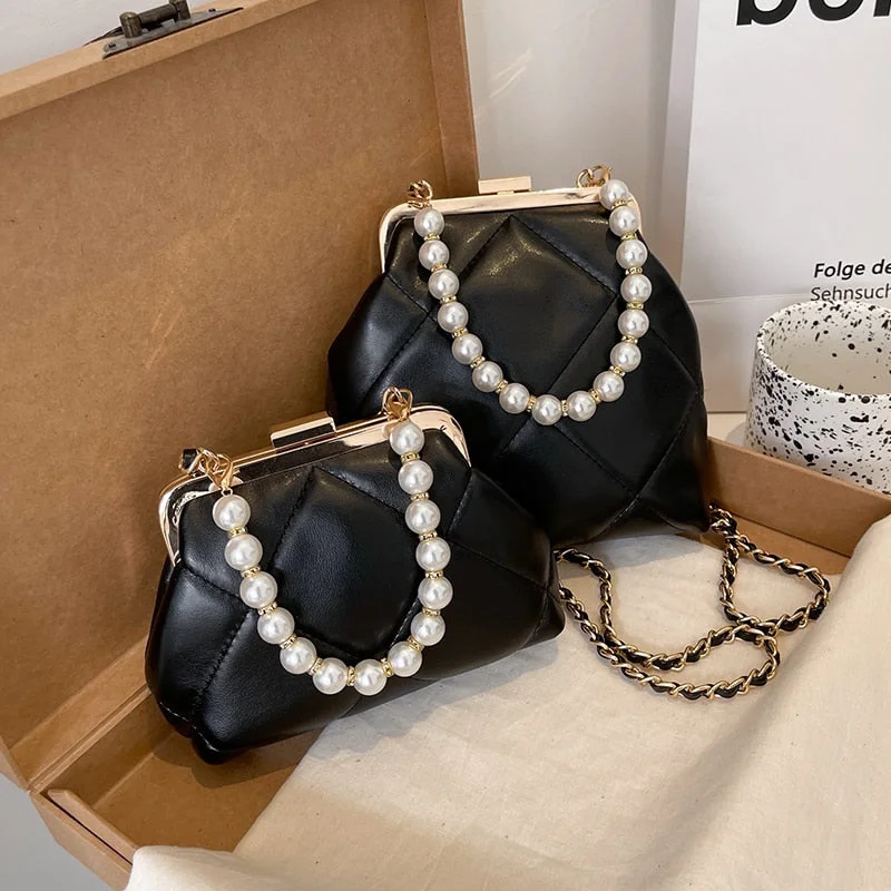 էѧӧܧ Metal frame package Design Pearl PU Leather Bag Crossbody 2021 Summer Luxury Brand Chain Shoulder Handbags Purses