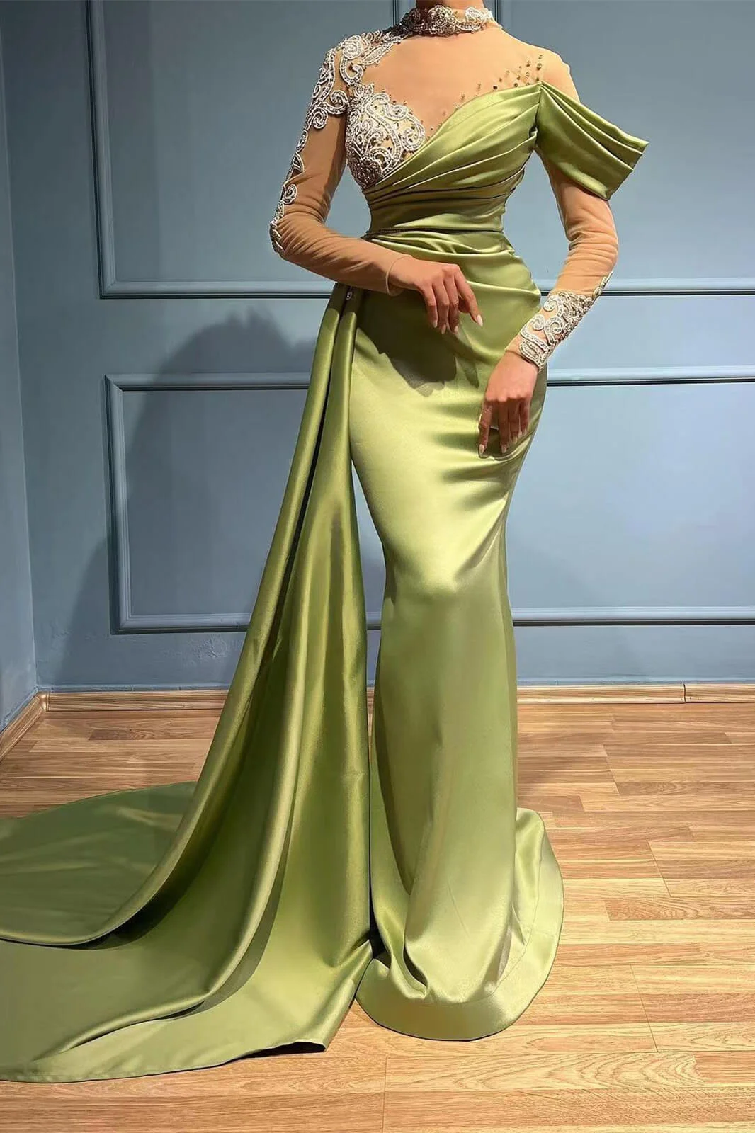 High Neck Mermaid Long Sleeves Appliques Evening Dress Long With Ruffles ED0160