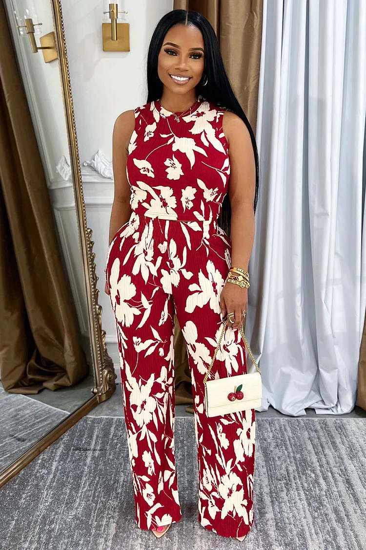 Floral Print Vest High-Rise Wide Leg Pants Vacation 2pcs Set-Red