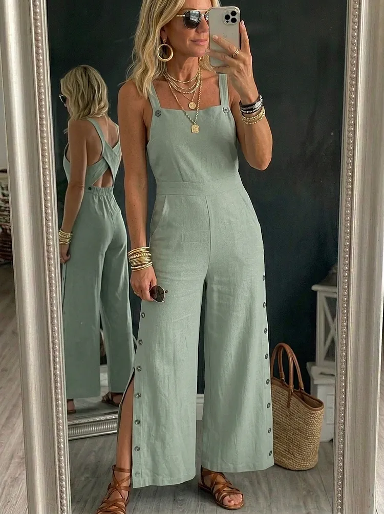 Women&rsquo;s Casual Strap With Side Button Slit One Piece Jumpsuit