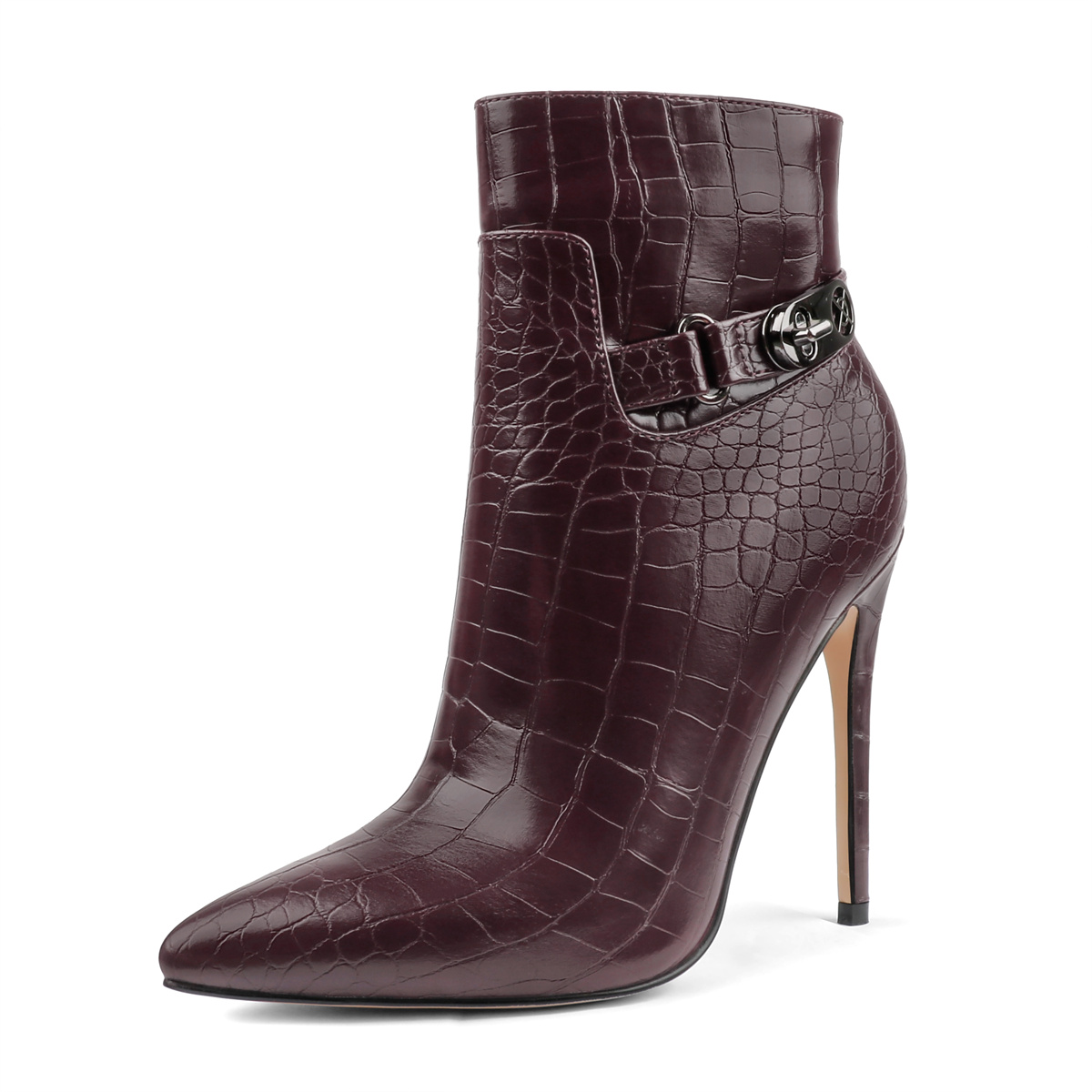 12cm/4.72 inch Pointed Toe Stiletto Crocodile Ankle Booties With Metal Buckle