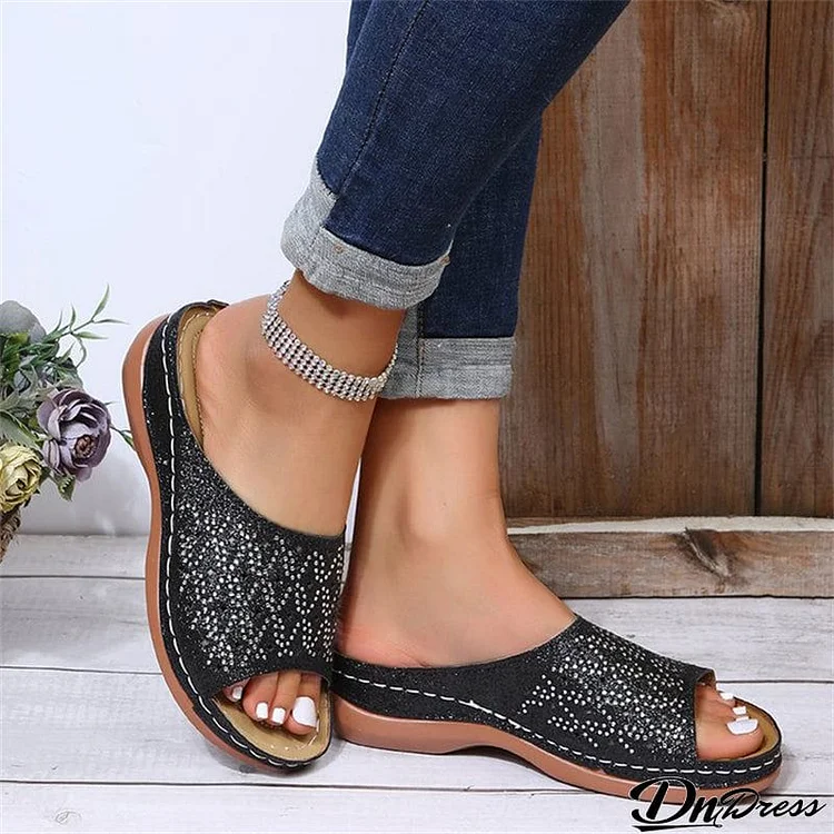 Thick Bottom Crystal Open Toe Slippers for Ladies