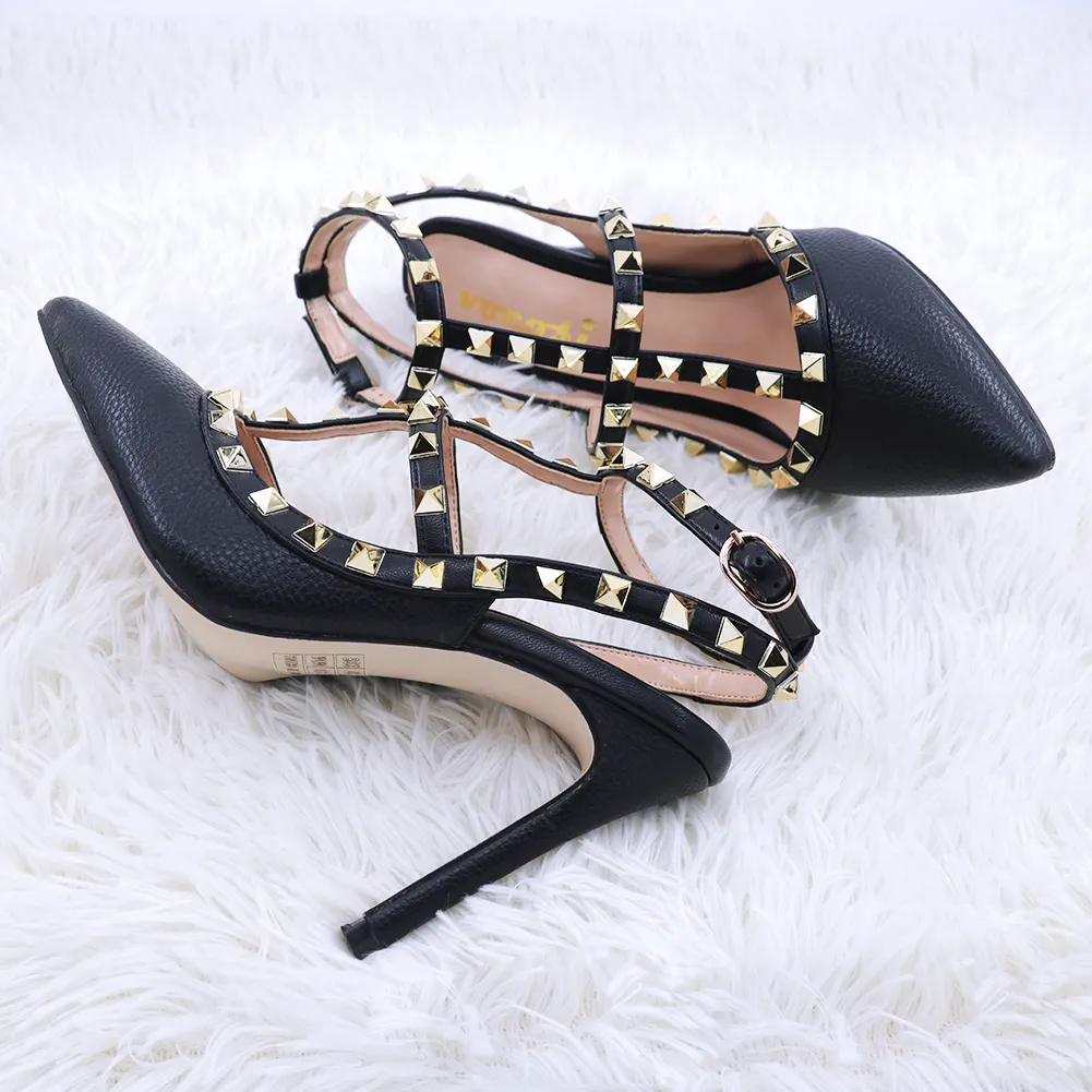 3.94" Middle Heels Rivets Sandals Black Lines-vocosishoes
