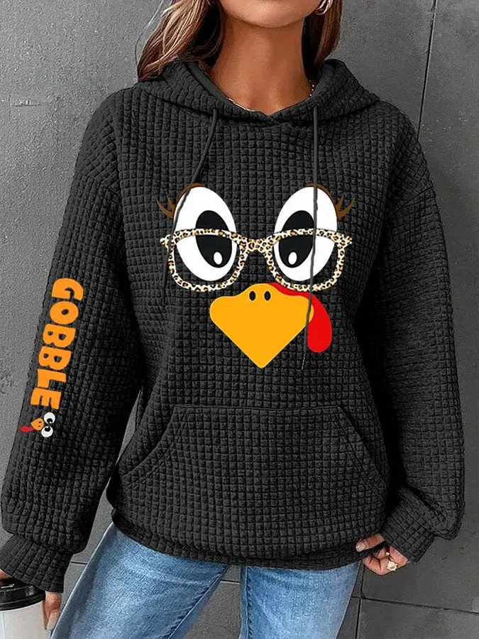 Women's Cute Turkey Fall Thanksgiving Casual Waffle Hoodie 