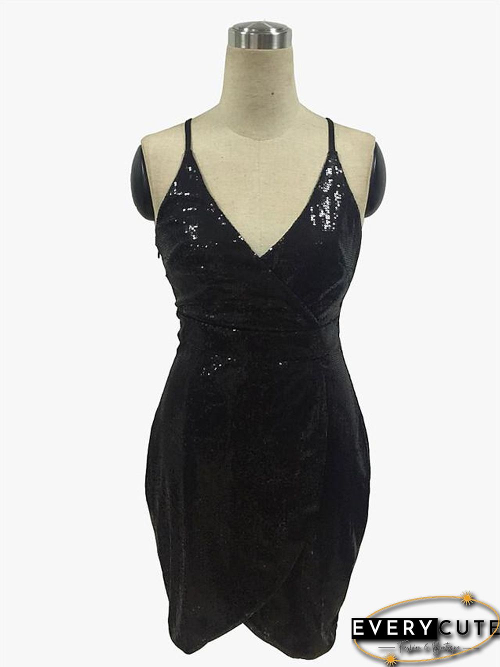 Womens Strap Dress Knee Length Black Sleeveless Solid Color Backless Sequins Summer Neck