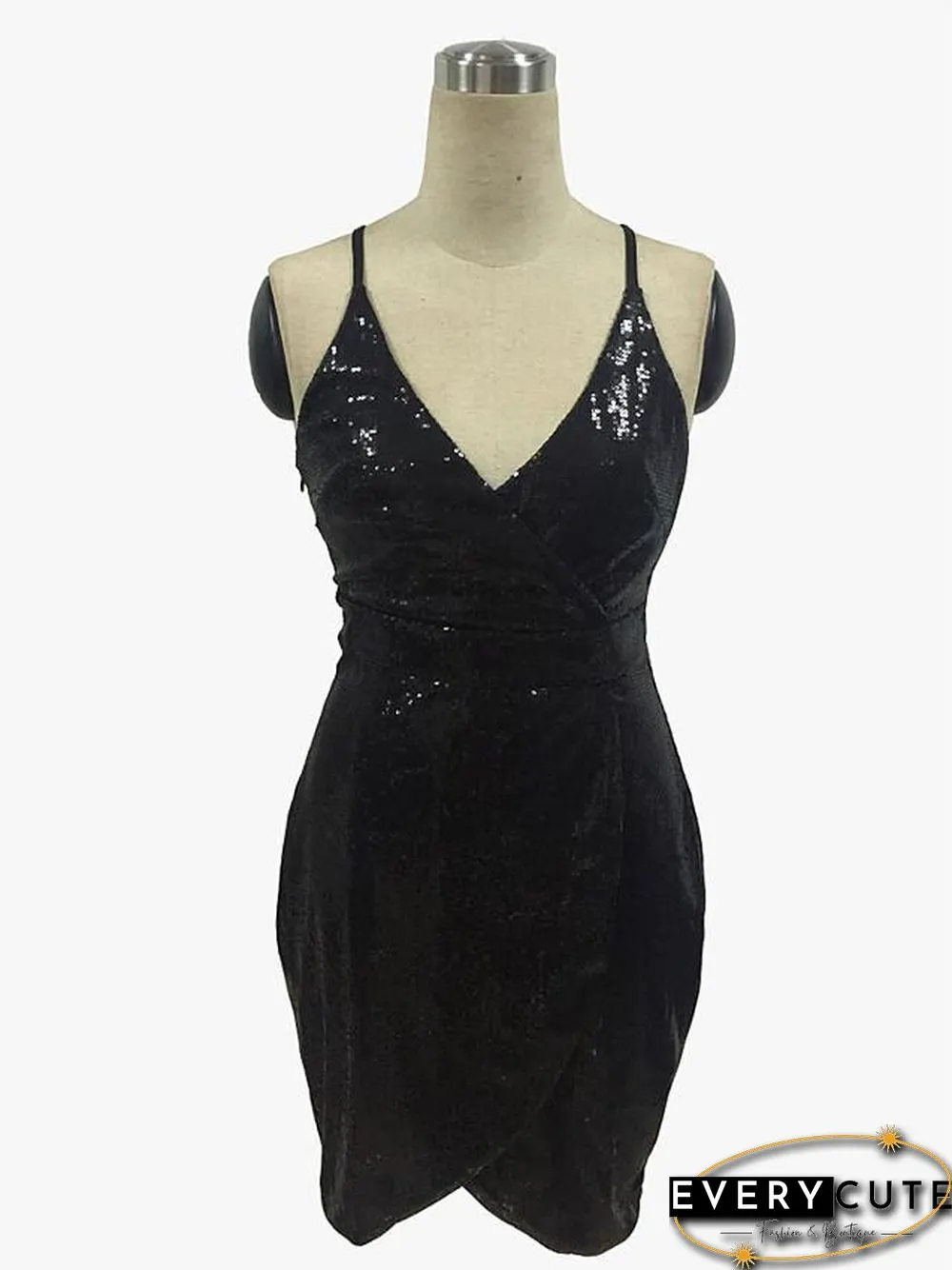 Womens Strap Dress Knee Length Black Sleeveless Solid Color Backless Sequins Summer Neck