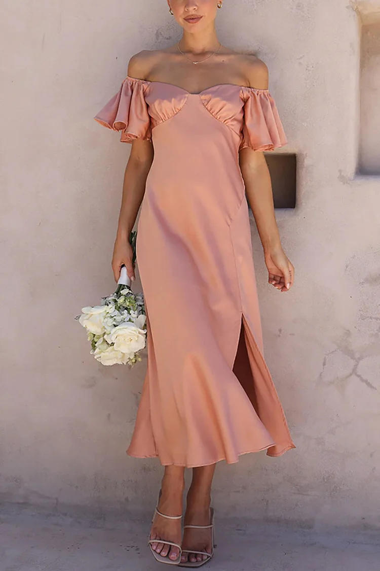 Elegant Off Shoulder Ruffle Short Sleeve Slit Satin Wedding Party Midi Dress