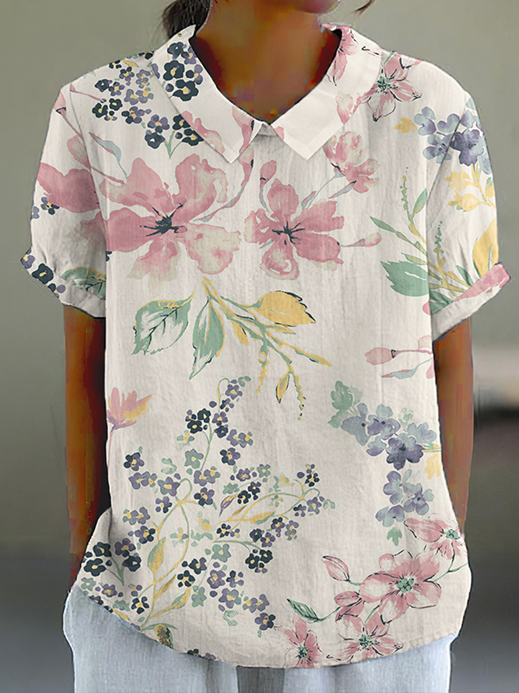 Comstylish Elegant Floral Art Print Casual Cotton Linen Shirt