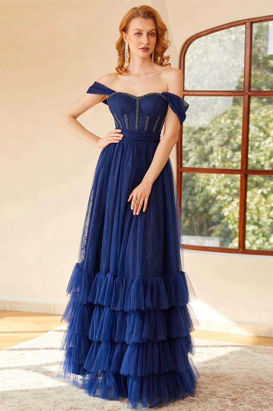 Bellasprom Dark Navy Off-the-Shoulder Tulle Prom Dress Layered Online