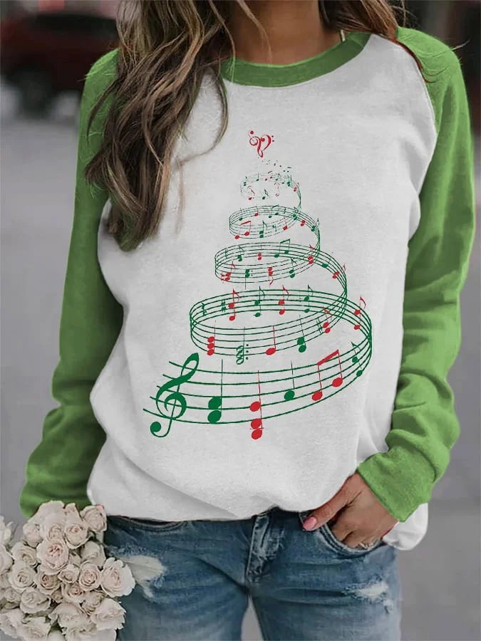 Women'sChristmas Tree With Music Notes Print Sweatshirt-mysite