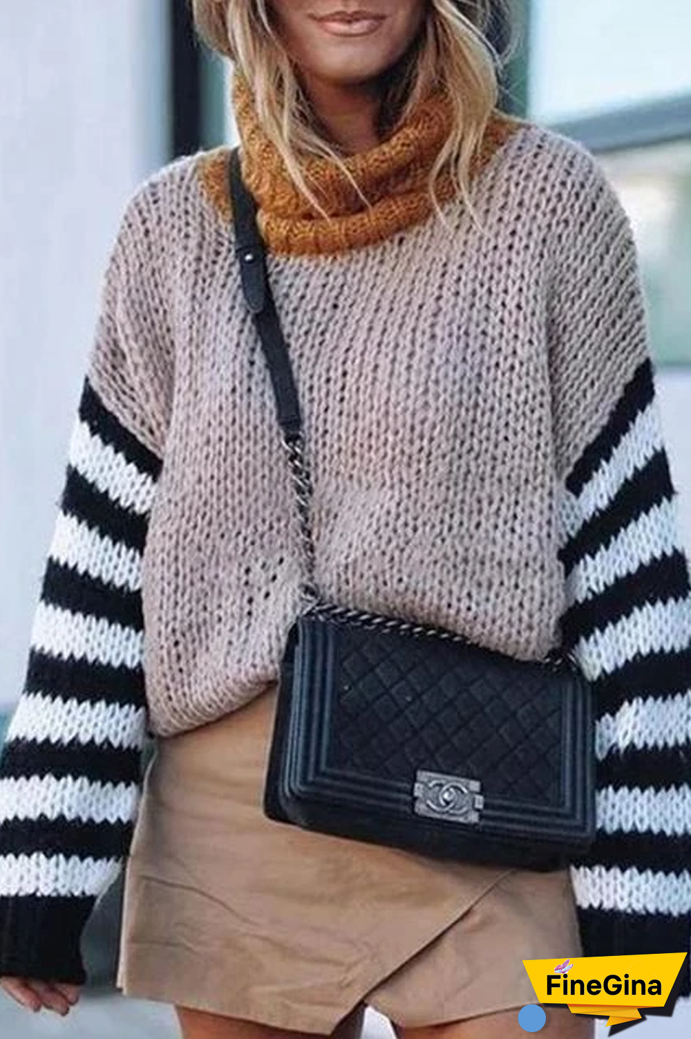 Turtleneck Striped Sleeve Print Sweater