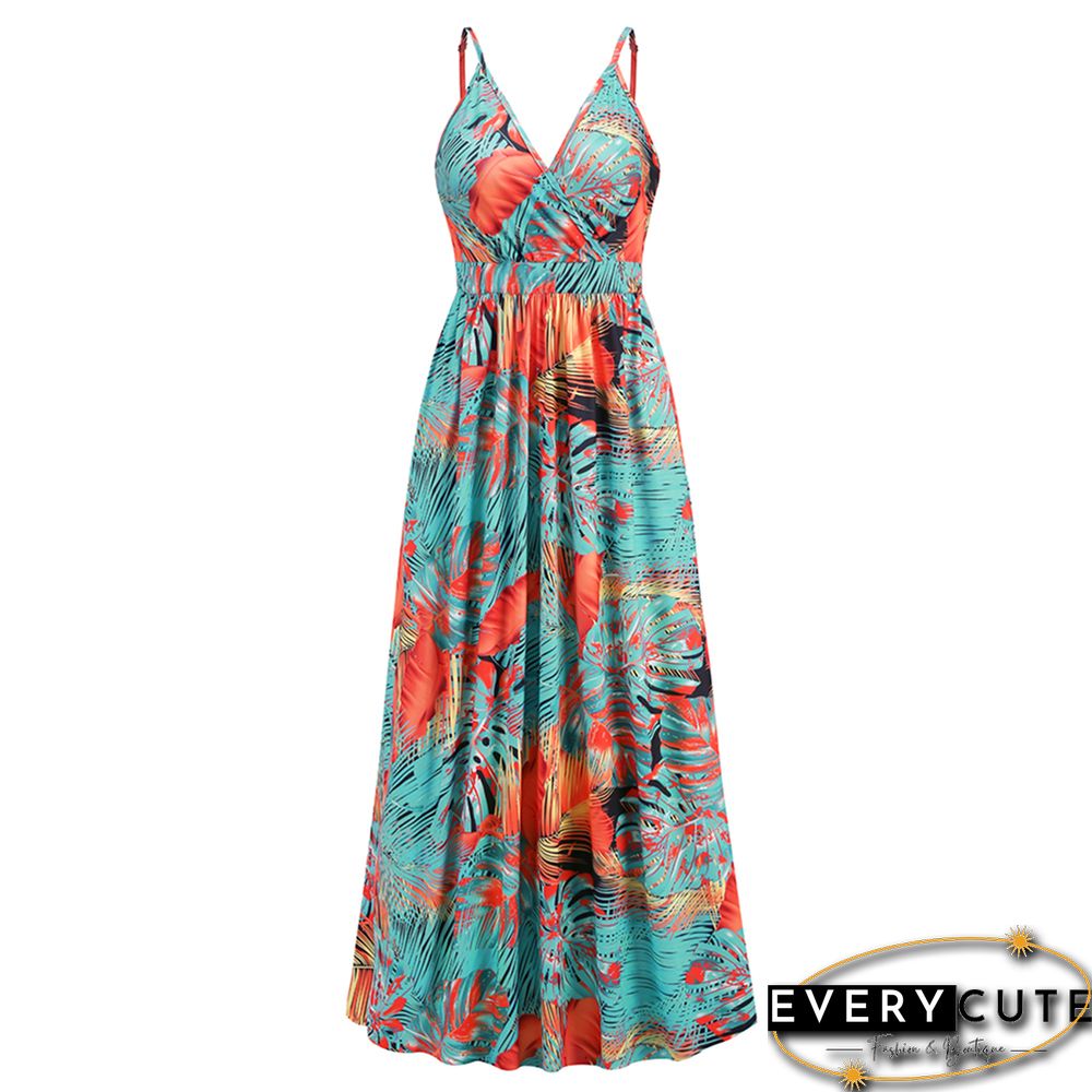 Orange Bohemia Print V Neck Maxi Dress