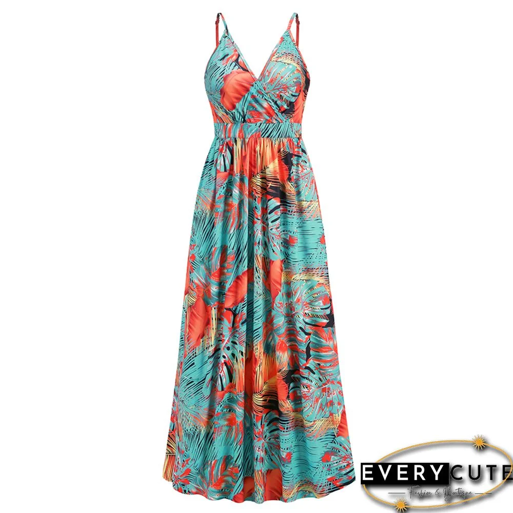 Orange Bohemia Print V Neck Maxi Dress