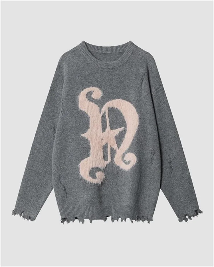Grunge-Style Letter Oversized Sweater