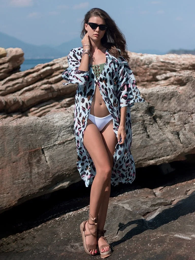 Boho Swimwears Cover Up Dress Floral Printed Beach Dress Long Kimono