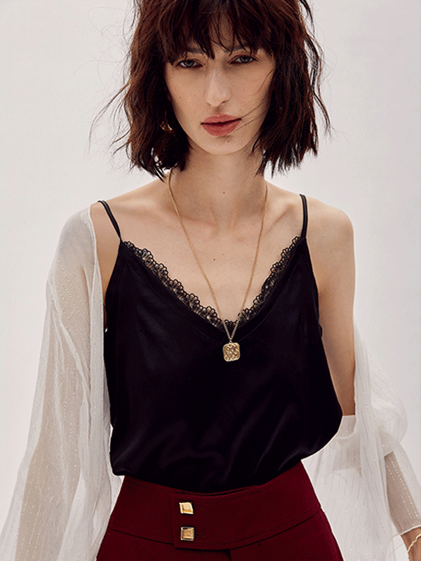 Solid Color V-neck Lace Silk Camisoles