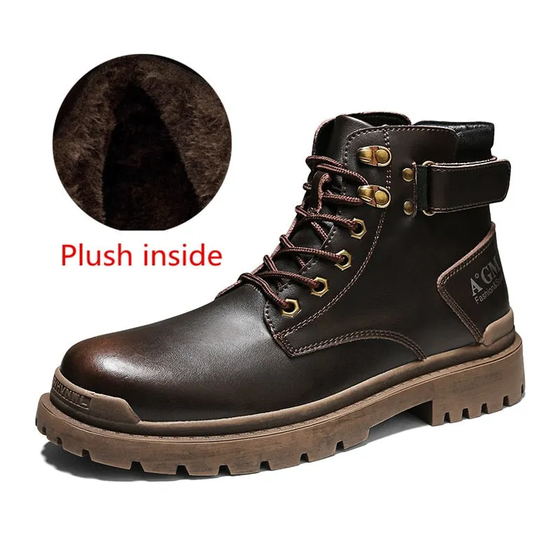 Motorcycle Winter Mens Shoes Thick Plush Warm Men Snow Boots Waterproof Male Ankle Boots Outdoor Non-slip Hiking Boots Work