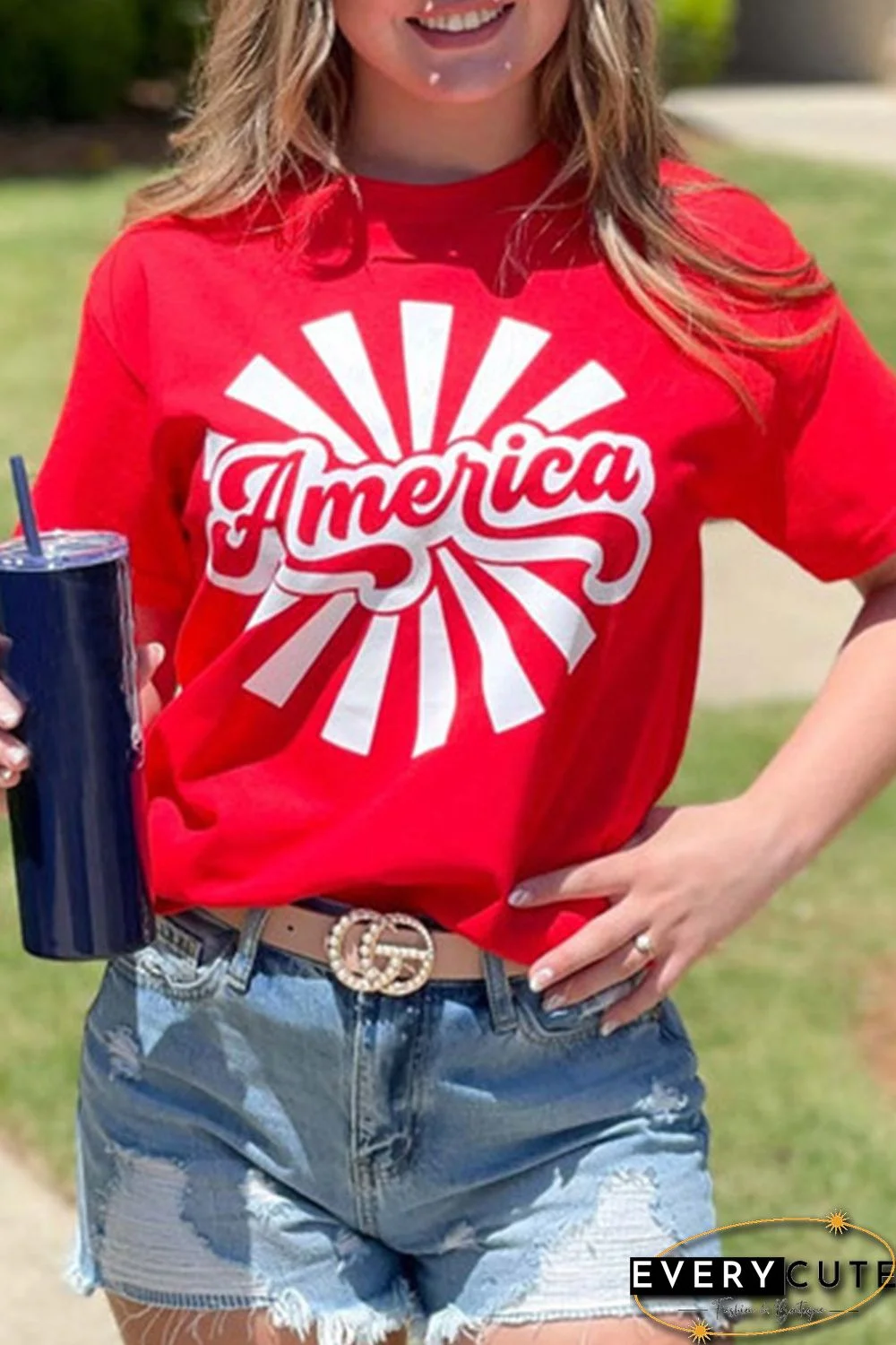 Red America Graphic Print Independence Day Short Sleeve T Shirt