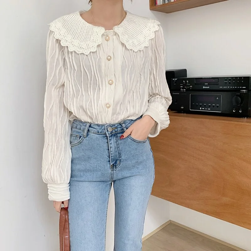 Jangj Alien Kitty 2021 New Elegant Women Blouses Sailor Collar Casual Shirts Solid Female Loose Long Sleeve Blusas Single Breasted