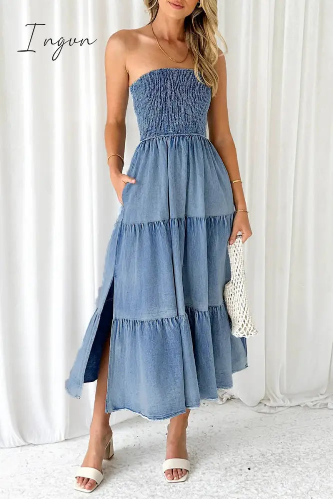 Gradual Change Pocket Slit Strapless Sleeveless Denim Dresses Light Blue / S Denim/Denim