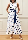 White Polka Dot Double Side Pockets Belted Dress