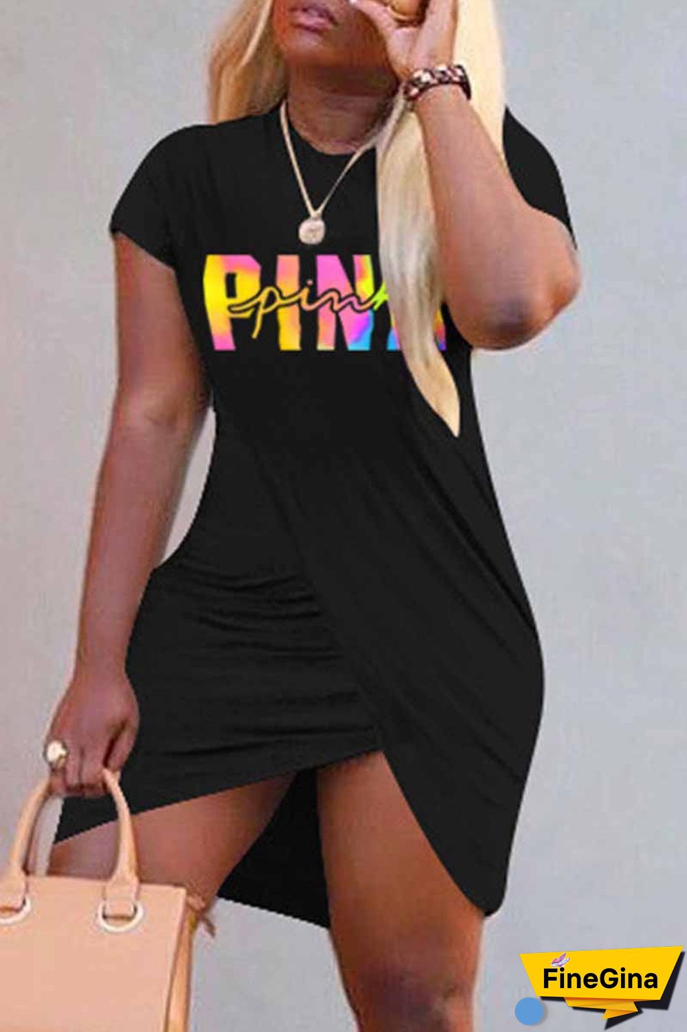 Black Casual Print Letter O Neck One Step Skirt Dresses