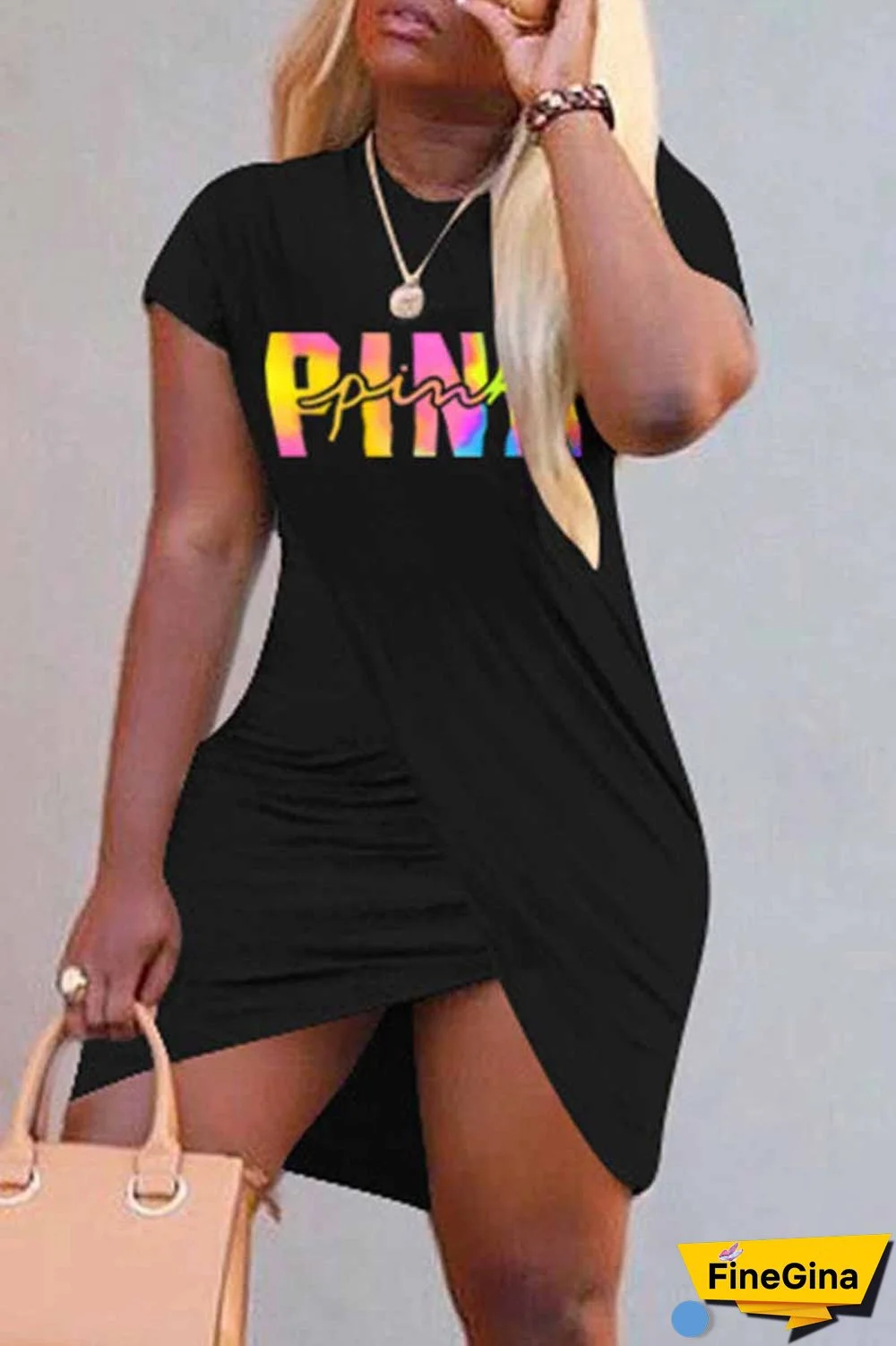 Black Casual Print Letter O Neck One Step Skirt Dresses