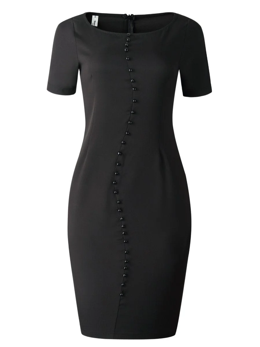 Women's Black Dress Retro Short Sleeve Single Breasted Bodycon Dresses
