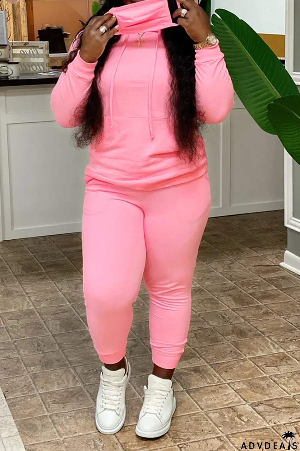 Pink Casual Solid Split Joint Hooded Collar Plus Size Two Pieces