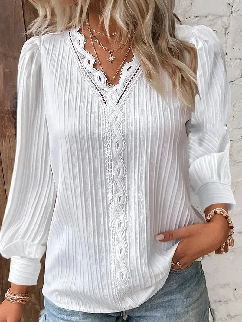 Huiketi Women's White Blouses Lace Stitching V-neck Simple Chiffon Shirt Fall Long Sleeve Pullover Loose Top Elegant Street Blous Women
