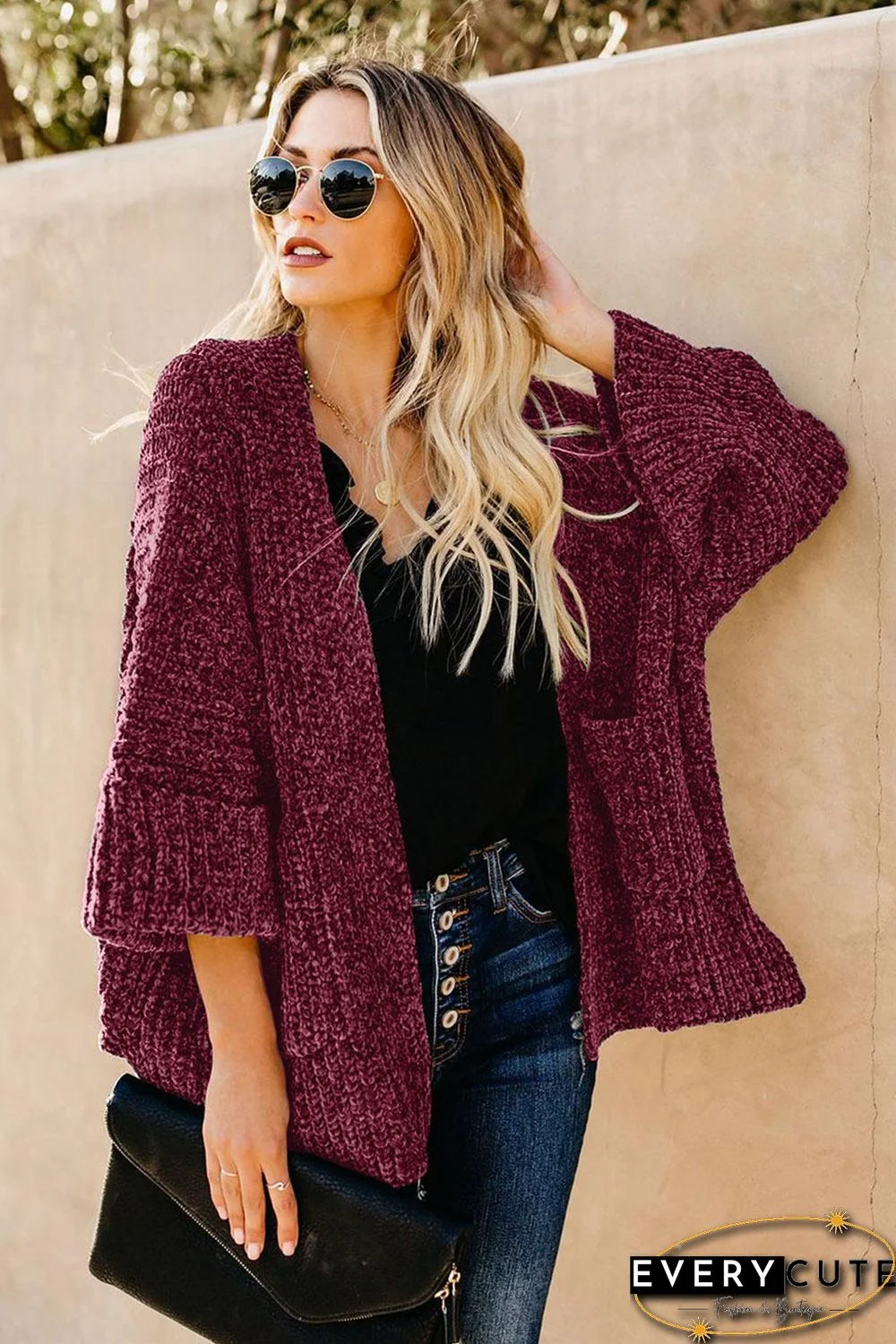 Red Norway Chenille Pocketed Cardigan