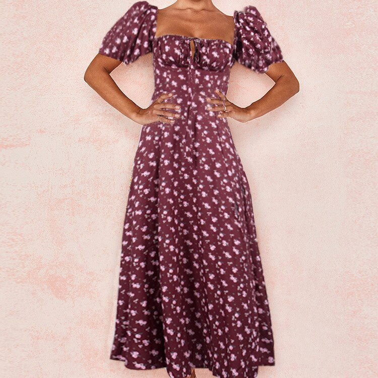 French Style Dress Women Floral Print High Split Dresses Summer Elegant Ruched Drawstring Maxi Dress Long Beach Dress Vestidos aliexpress Money