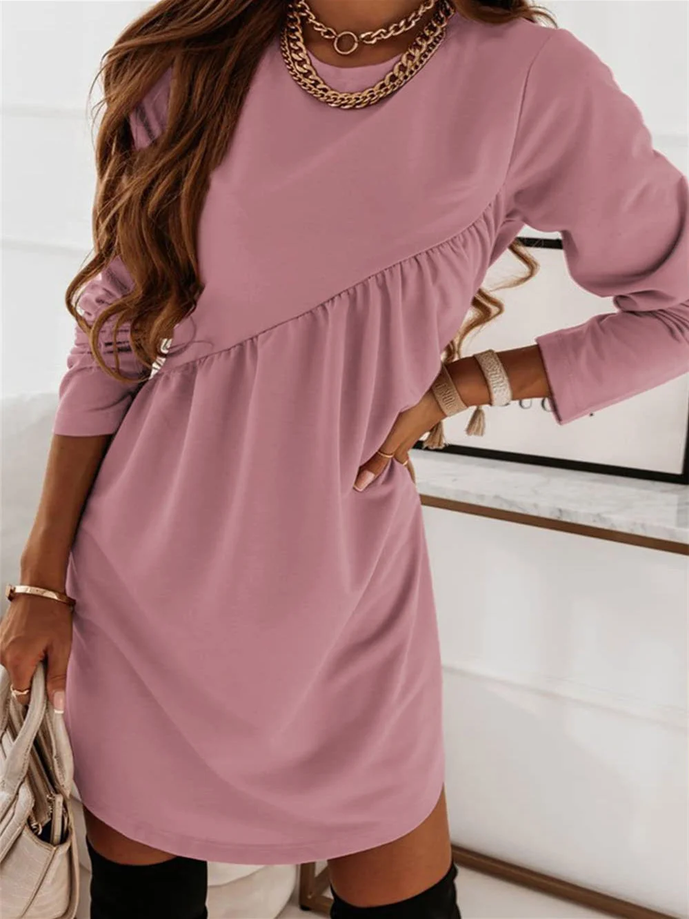 Women's Long Sleeve Scoop Neck Pure Color Midi Dress