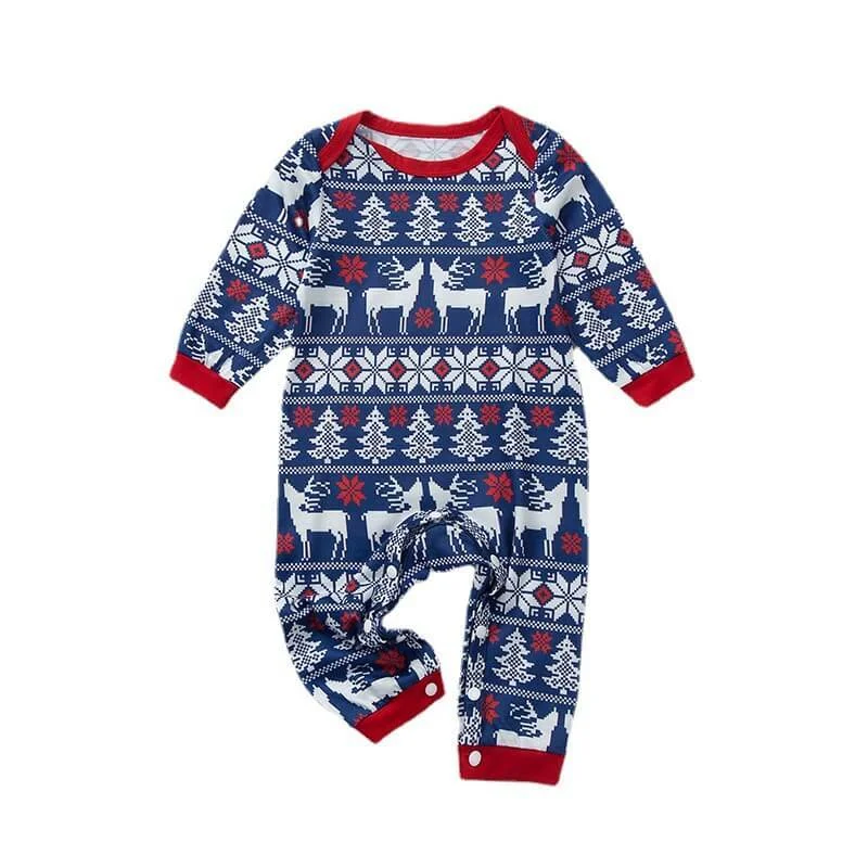Merry Christmas Blue&White Long Sleeve Top and Pants With Christmas Trees Elk and Snow Print Family Matching Pajamas