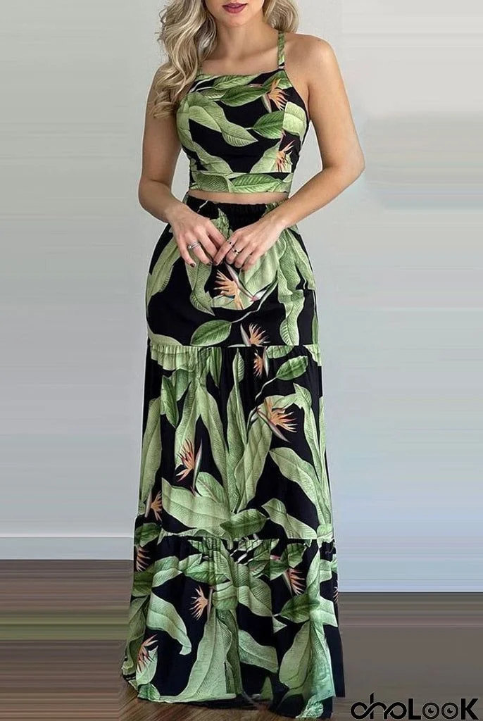 Sleeveless Backless Crop Tops Maxi Skirt Sets