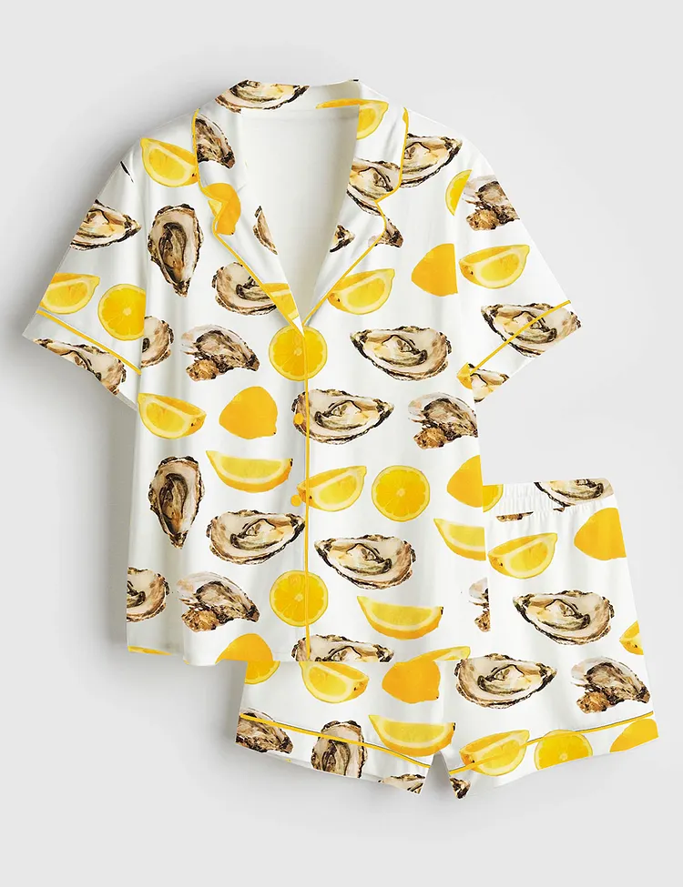 Women&rsquo;s The World Is Your Oyster Fisherman Style Oyster Shells Orange Print Short Sleeve Satin Pajama Set