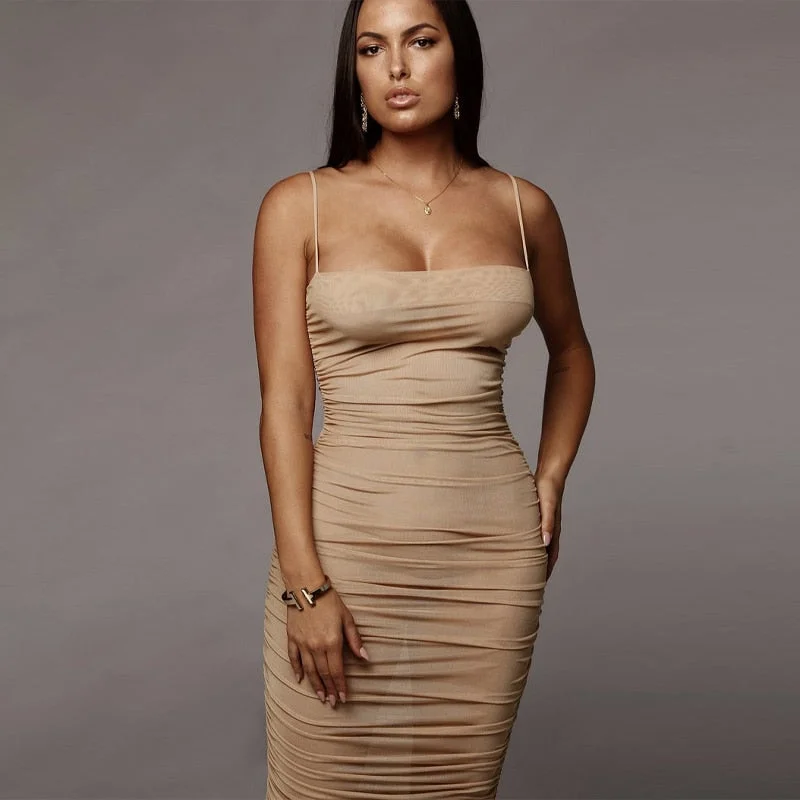 Hugcitar 2021 Sleeveless Straps Pleat See-Through Slash Neck Bodycon Solid Dress Summer Sexy Women Streetwear Y2K Party Club