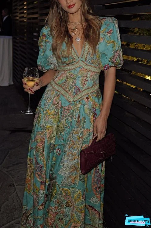 Meridress V Neck Puff Sleeves Unique Print Swing Maxi Dress